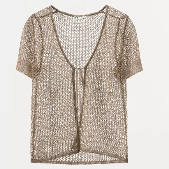 ZARA Gold-tone metallic thread mesh tie-front women’s short jacket. M NWT - Picture 3 of 10